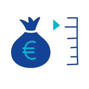 Icon eines Geldsacks mit Euro-Symbol und Skala, symbolisiert Gehaltsübersichten nach Funktion.